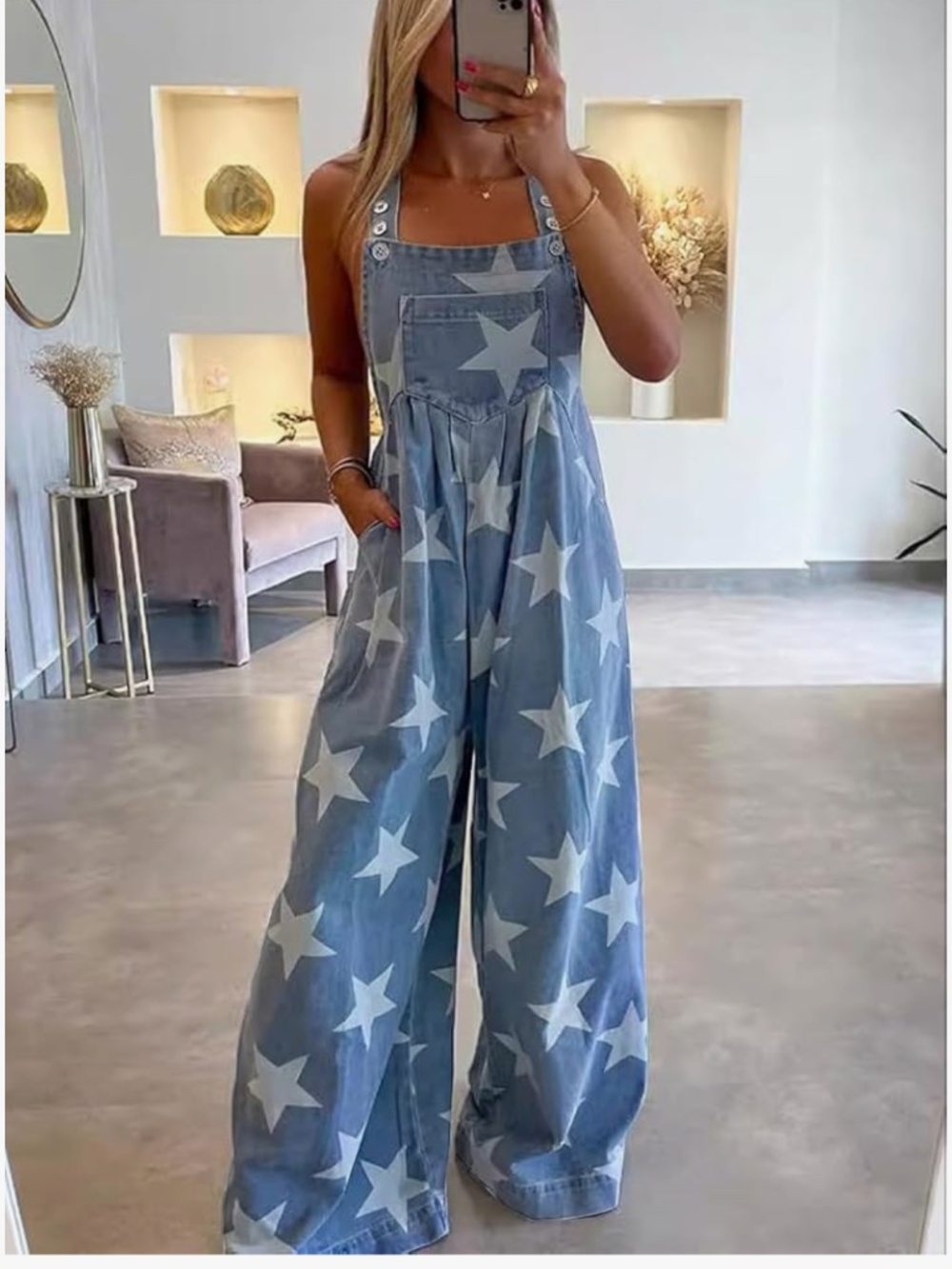 Effortless wide-leg overalls  with an all-over white star print. Light blue deni - Picture 2 of 2